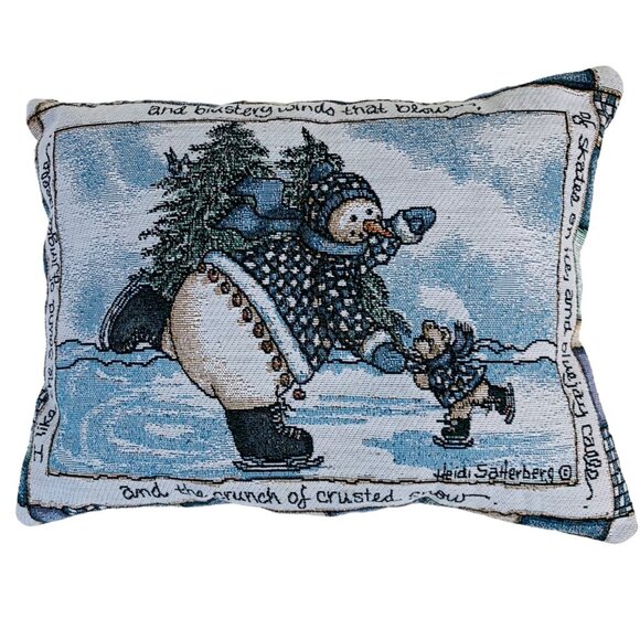 Winter Decorative Tapestry Throw Pillow Ice Skating Snowman Baby Bear Signed - Picture 1 of 9